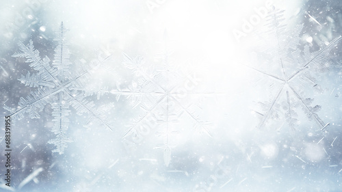 big snowflake on the window, abstract art winter background christmas greeting form, seasonal cooling climate change
