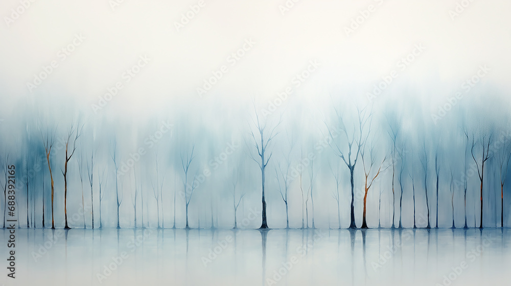 light white blue fog, a row of trees. watercolor abstract background late autumn, symbol landscape view cold light November, copy space blank blank - obrazy, fototapety, plakaty 