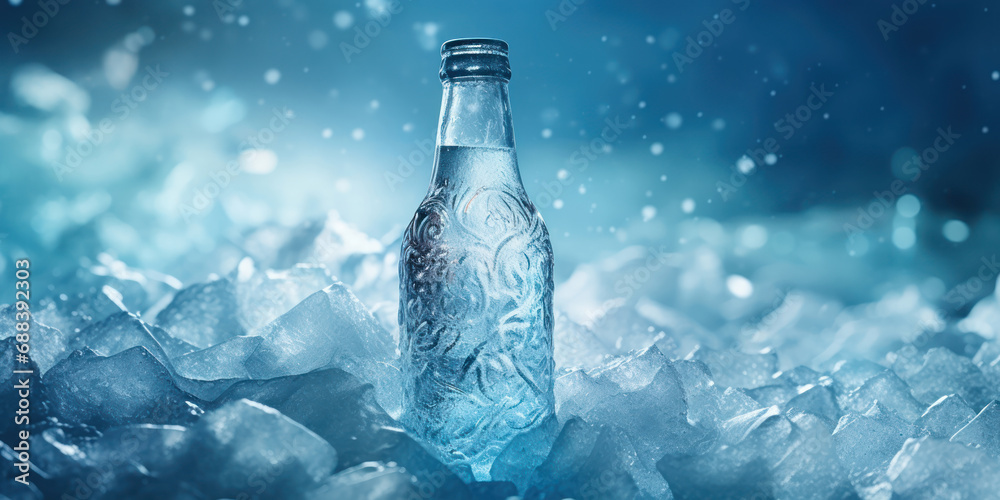 Frosty bottle reclines on a bed of ice crystals, offering an invitation to cool off Frosty bottle reclines on a bed of ice crystals, offering an invitation to cool off