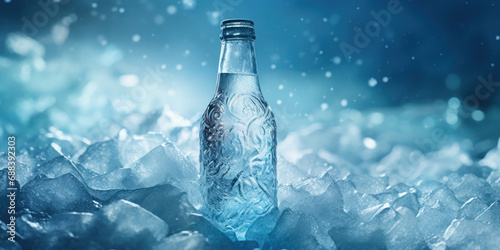 Frosty bottle reclines on a bed of ice crystals, offering an invitation to cool off