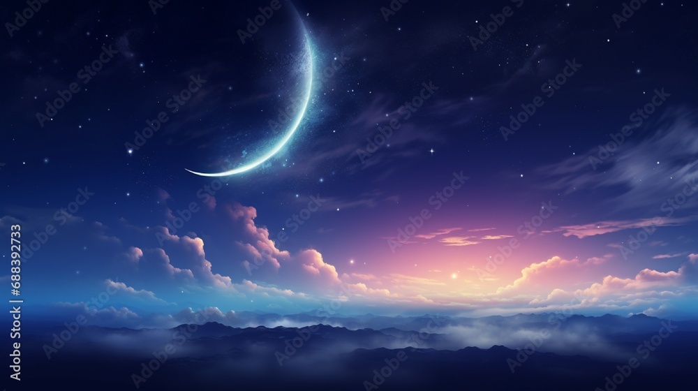 starry sky with half moon in scenic cloudscape