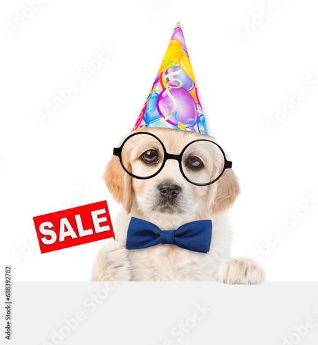 Smart Golden retriever puppy wearing tie bow, eyeglasses and party cap shows signboard with labeled "sale" above empty white banner. isolated on white background © Ermolaev Alexandr