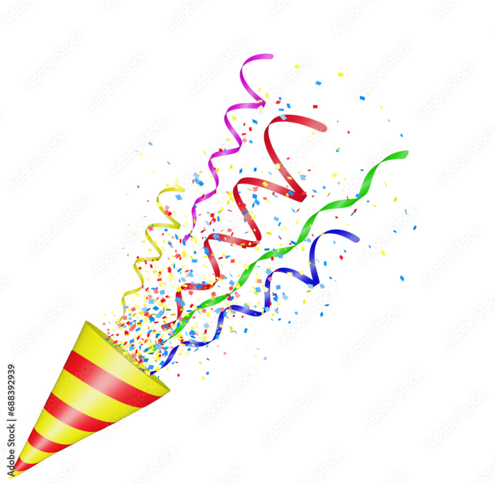 Fototapeta premium Party popper with flying confetti. Yellow and red firecracker explodes with serpentine. Birthday and anniversary banner with empty space for text. Isolated on white background