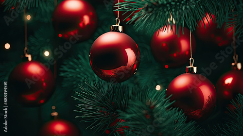 close up christmas red balls hanging on a christmas tree