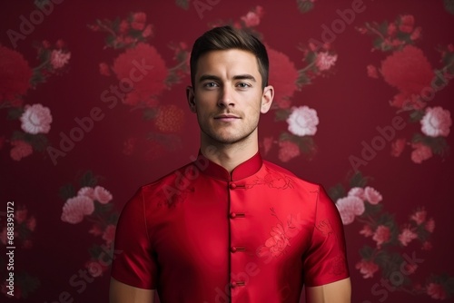 Young American beauty man wearing cheongsam, one color background, copy space , generative ai