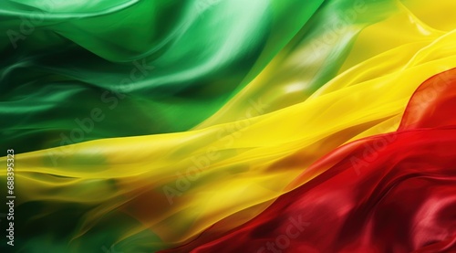 Cameroon flag colors Green, Red, and Yellow flowing fabric liquid haze background photo
