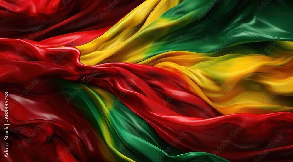 Grenada flag colors Red, Yellow, and Green flowing fabric liquid haze background - obrazy, fototapety, plakaty 