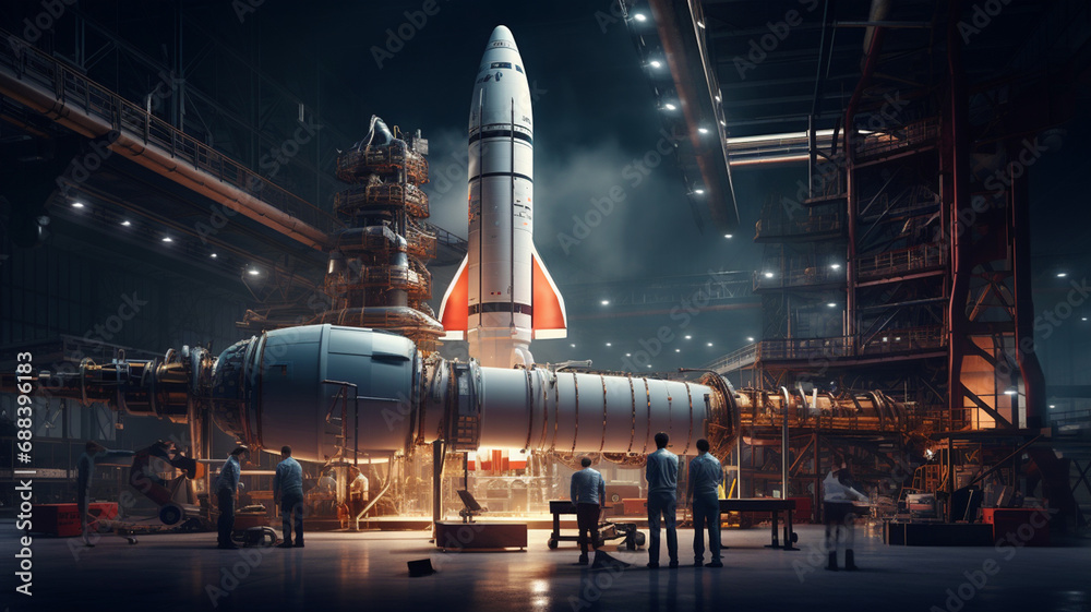 Naklejka premium Rocket engineers building a rocket in an aerospace factory