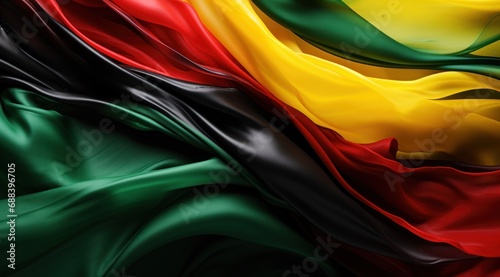 South Africa flag colors Black, Green, Yellow, and Red flowing fabric liquid haze background photo