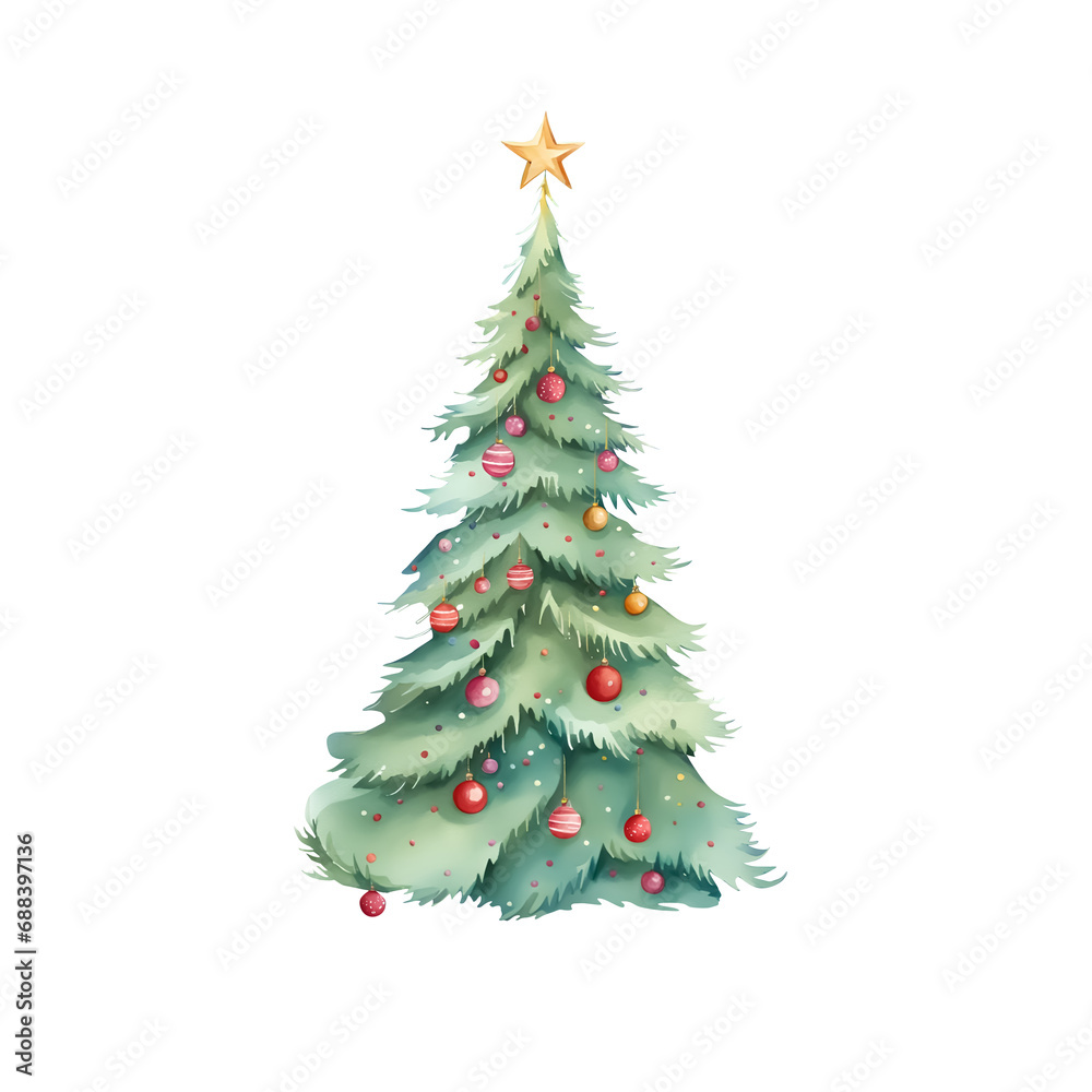Christmas New Year Decorated christmas tree watercolor illustration Xmas