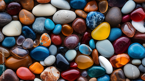 background multicolored sea polished stones, rolled pebbles on the seashore texture gems