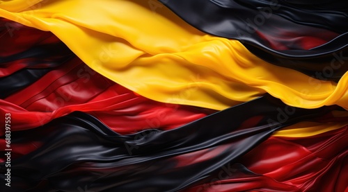 Uganda flag colors Black, Yellow, and Red flowing fabric liquid haze background photo