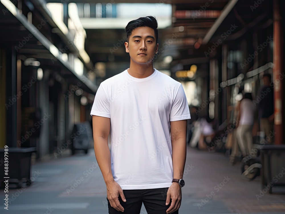 Asian man wearing a white full screen T-shirt