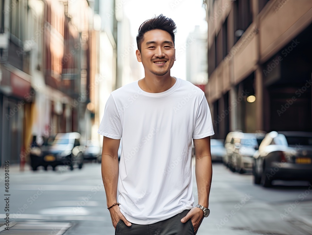 Asian man wearing a white full screen T-shirt