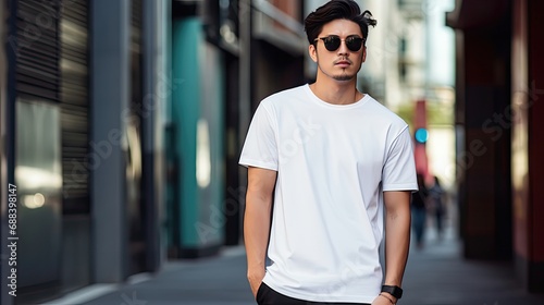 Asian man wearing a white full screen T-shirt