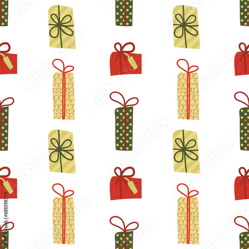 Seamless pattern with Christmas and Happy New Year celebration. Vector cute flat style. Hand drawn holiday gifts with bow and ribon