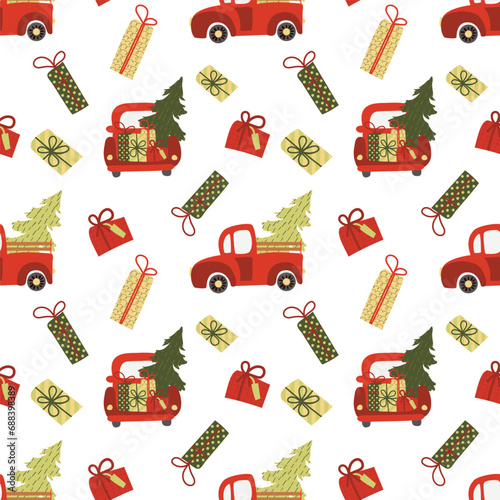 Seamless pattern with Christmas and Happy New Year celebration. Vector cute flat style. Hand drawn cars, trruck, tree, gifts