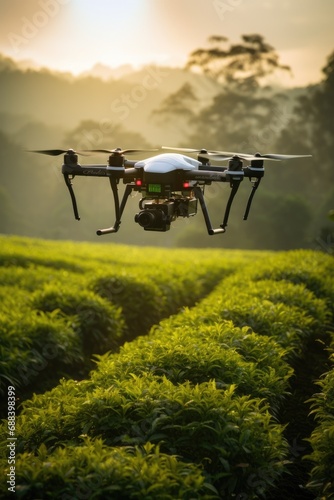 Drone in action over a tea field at sunrise