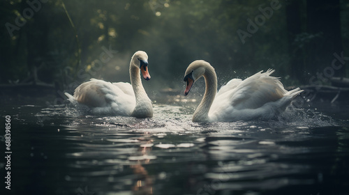 Fototapeta Naklejka Na Ścianę i Meble -  Swans Swimming in a Beautiful River, an AI-Enhanced Ballet
