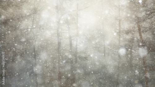 background landscape snowfall in foggy forest, winter view, blurred forest in snowfall with copy space © kichigin19