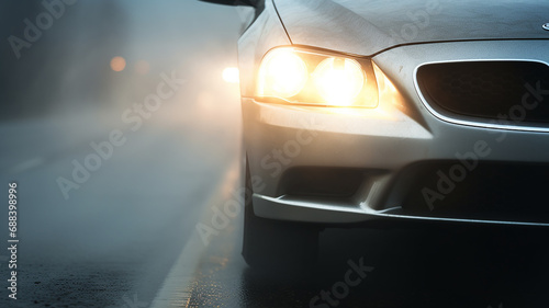 the headlights of a car on an autumn road in fog, the weather is a dangerous road in November