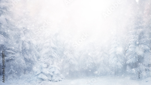 winter background, landscape in snowfall, trees in the forest nature view in cold weather, white abstract seasonal nature background january calendar photo