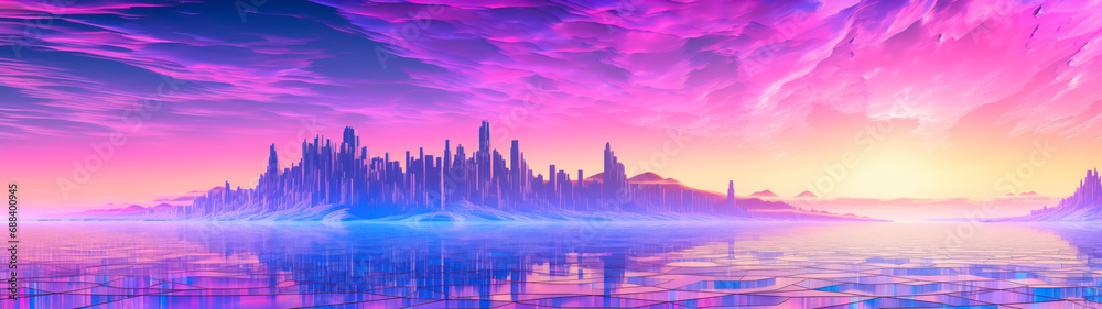 Digital computer vaporwave landscape cityscape, pink and purple, ultrawide panorama banner background