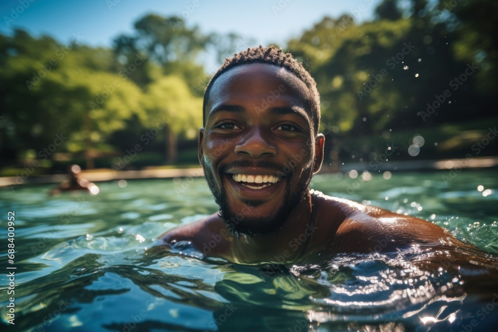 Joyful Swim in Sunlit Waters: A Man's Radiant Smile During a Summer Swim
