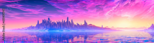Digital computer vaporwave landscape cityscape  pink and purple  ultrawide panorama banner background
