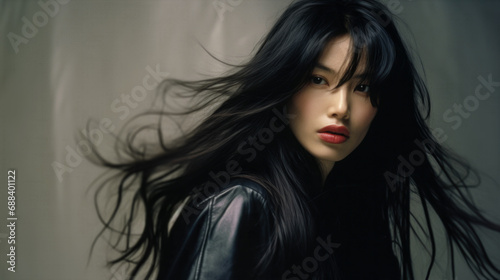 Studio portrait of a female model with pitch black hair assuming a dramatic pose. Hairstyle, skin care and cosmetics.