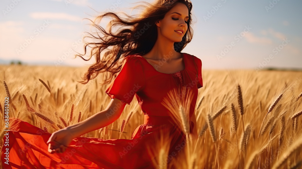 Naklejka premium beautiful woman dance in the wheat field.