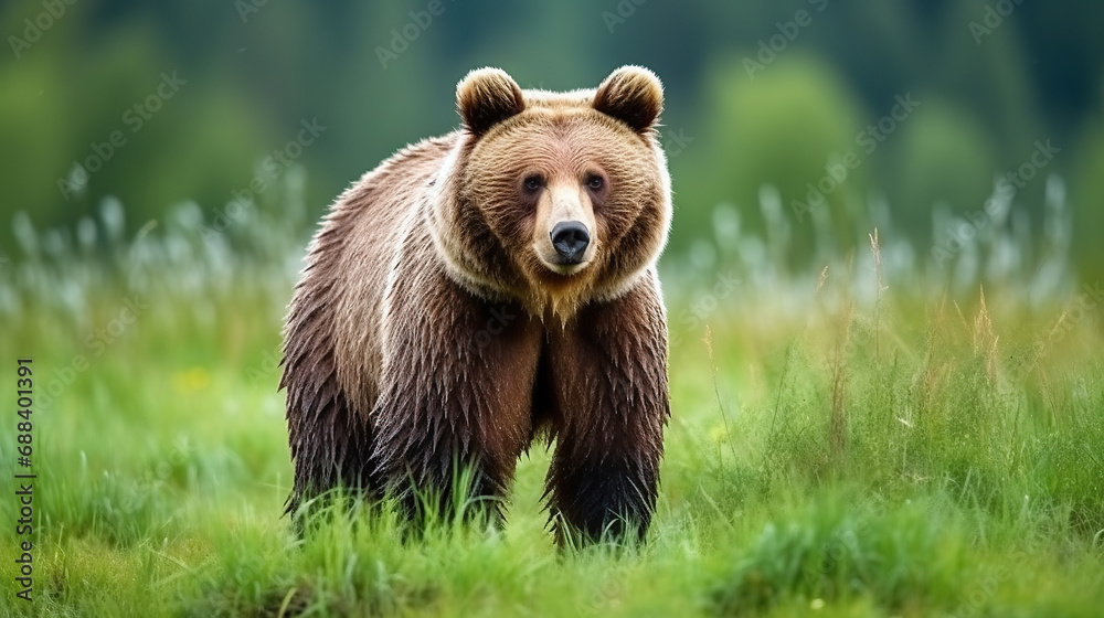 Wild brown bear on the grass field. Wild brown bear on the grass field.