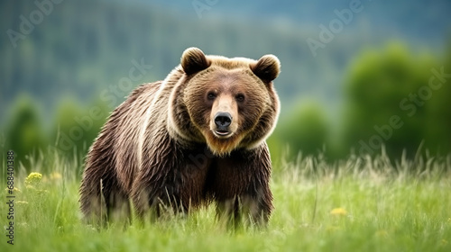 Wild brown bear on the grass field. © Santy Hong