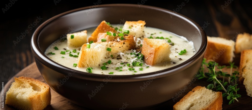 Simple garlic soup with croutons and chives Simple garlic soup with croutons and chives