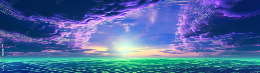 Retro 1990s science fiction computer graphics landscape, green water and purple clouds, ultrawide panorama banner background