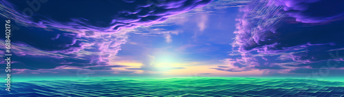 Retro 1990s science fiction computer graphics landscape, green water and purple clouds, ultrawide panorama banner background
