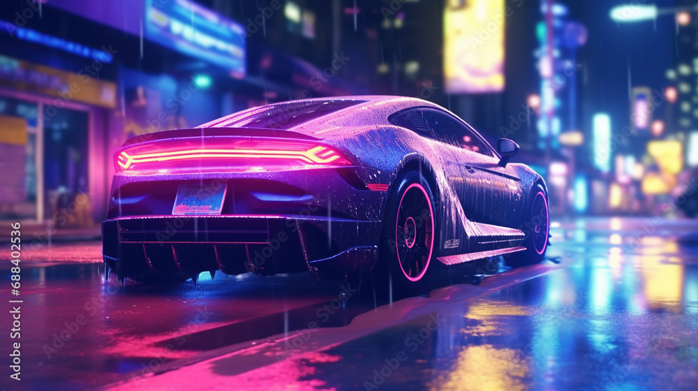 A Car Being Sashed at Midnight Surrounded By the Neon-Lit Streets Of A City Blurry Background