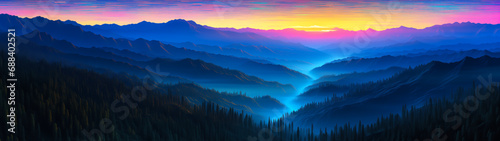 Vivid vibrant mountains rolling hills in fog retro landscape, 1990s neon colors, ultrawide panorama banner background © Sunshower Shots