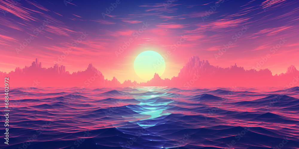 Digital synthwave vaporwave sun over ocean water landscape, wide banner background