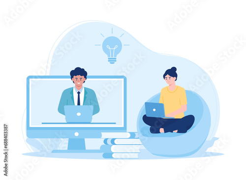 women online video communication with the concept of discussing or studying remotely concept flat illustration