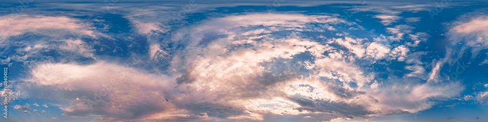 Full zenith sunset sky panorama with pink Cumulus clouds in seamless hdr equirectangular format, perfect for 3D visualization and virtual reality projects.