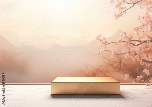 Realistic 3D render blank empty pastel pink podium with cherry blossom flower bouquet and blowing white curtain. Beauty products display, Backdrop