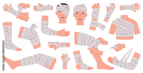 Bandaged Body Part as First Aid when Injured Vector Set