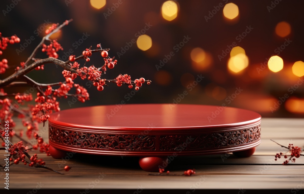 Chinese New Year red and golden theme podium scene with 3D  oriental festive elements on background for product display - obrazy, fototapety, plakaty 