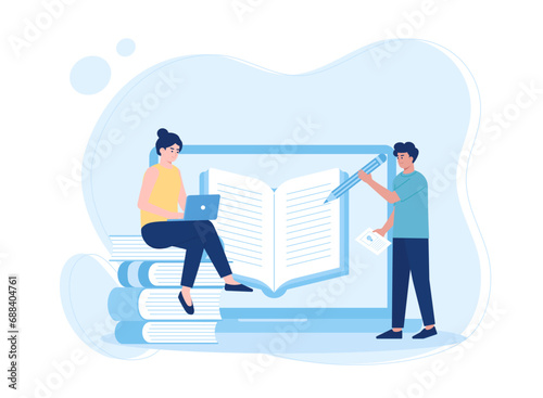 students study online lessons via laptop concept flat illustration