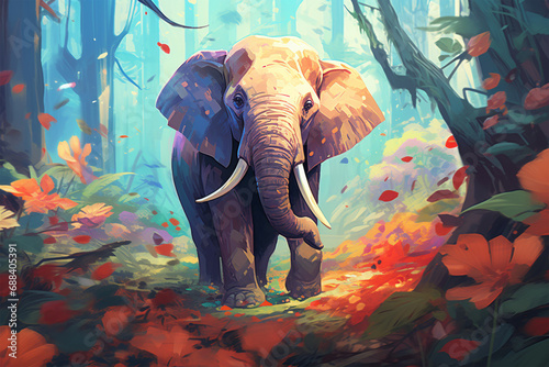 painting style landscape background, an elephant in the forest