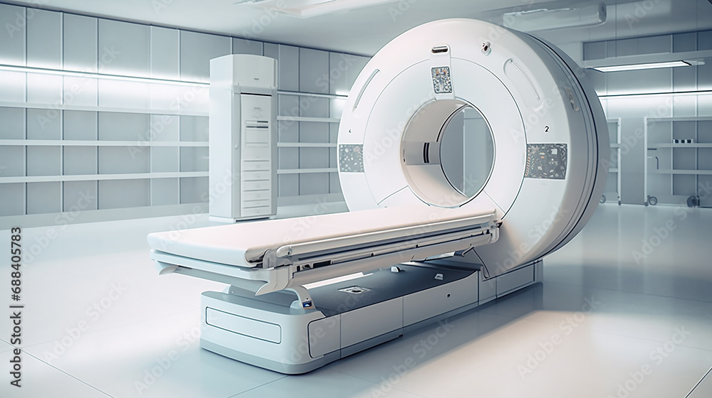 an MRI machine in the interior of a bright hospital. - obrazy, fototapety, plakaty 