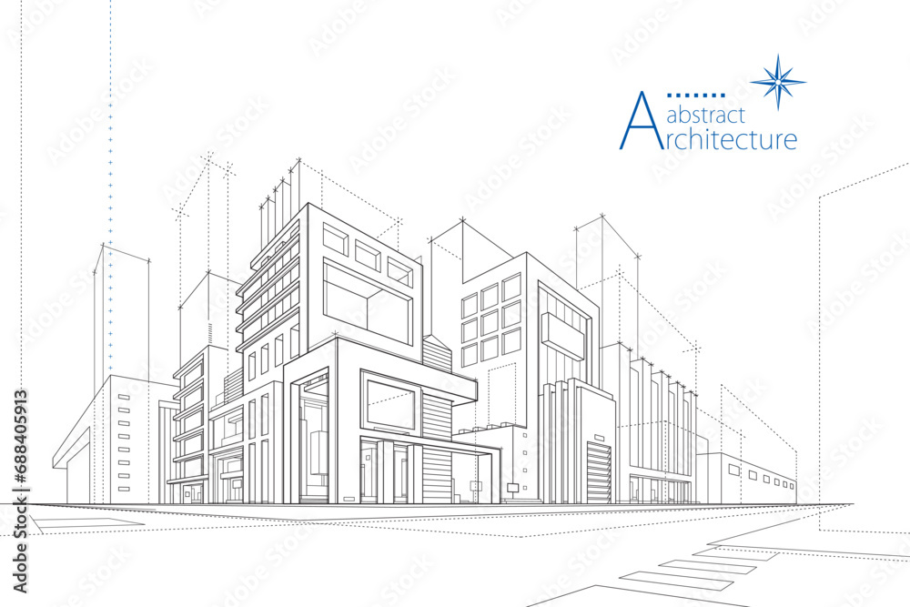 Fototapeta premium 3D illustration, abstract modern urban landscape line drawing, imaginative architecture building construction perspective design.