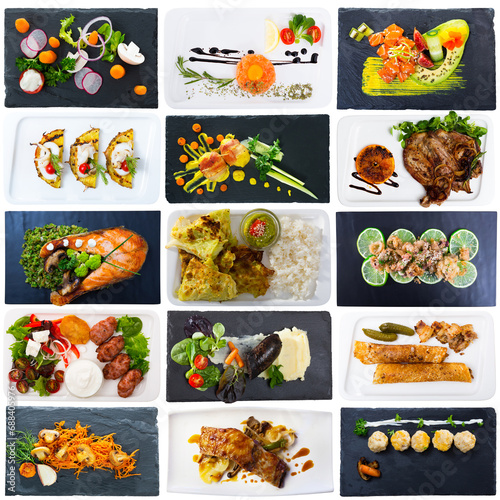 Collage of meals from different cuisines on rectangular plates isolated on white background
