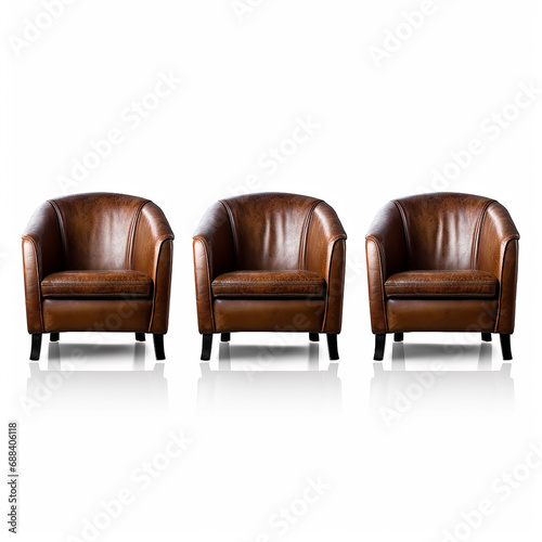 collection of three luxury leather chairs isolated on a white background.